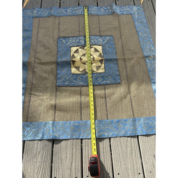 VTG Lebanese Aghabani Tablecloth Overlay Blue Gold Mesh Net Appliqué Tassels - Picture 7 of 11